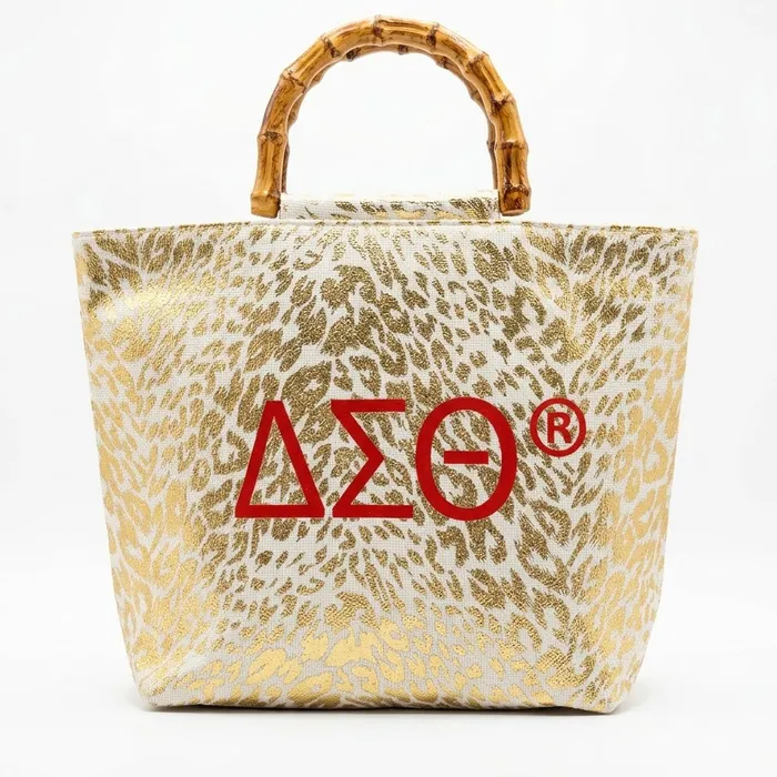 DST Bamboo Handle Tote – Gold Metallic Animal Print Bag - Image 4