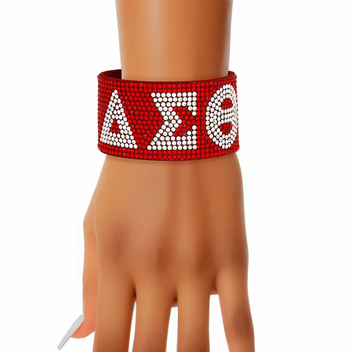 DST Red Rhinestone Bracelet – Magnetic Felt Band with Clear DST Letters - Image 2