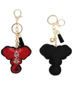 Alternative view of DST Elephant Keychain – Gold and Red Rhinestone Padded Bag Charm with Tassel