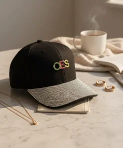 OES baseball cap in black canvas with rhinestone OES letters and clear rhinestone brim
