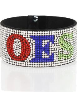 OES rhinestone bracelet with clear stones on black felt and red, blue, and green OES letters