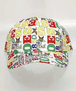 OES print baseball hat with all-over white and multicolor Eastern Star design