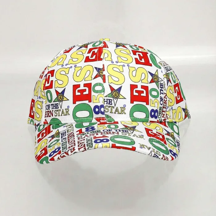 OES print baseball hat with all-over white and multicolor Eastern Star design