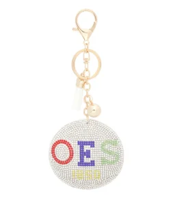 OES keychain with white padded rhinestone circle charm, white tassel, and gold-tone clip