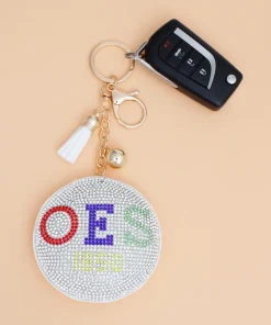 Alternative view of OES Keychain – White Padded Rhinestone Bag Charm with Tassel