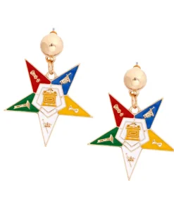 OES star earrings with five-color Eastern Star drop on gold-tone ball studs