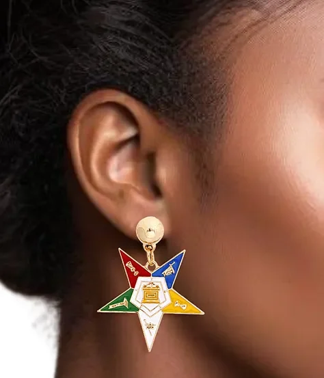 OES Star Drop Earrings – Gold with Five-Color Eastern Star - Image 2